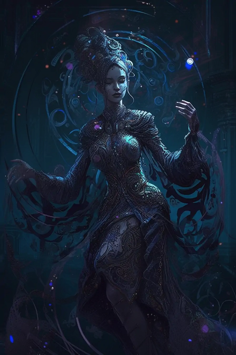 full body&move&dancesposeslow motion, girlwizard, cloakdarkleatherintricate pattern, dark&moody&universeackground