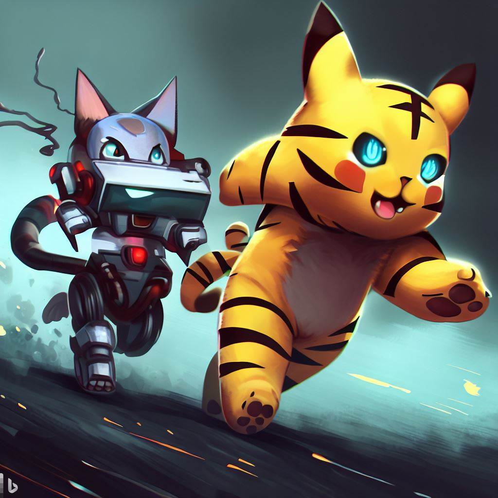 Pikachu and the robot cat ran after the tiger together