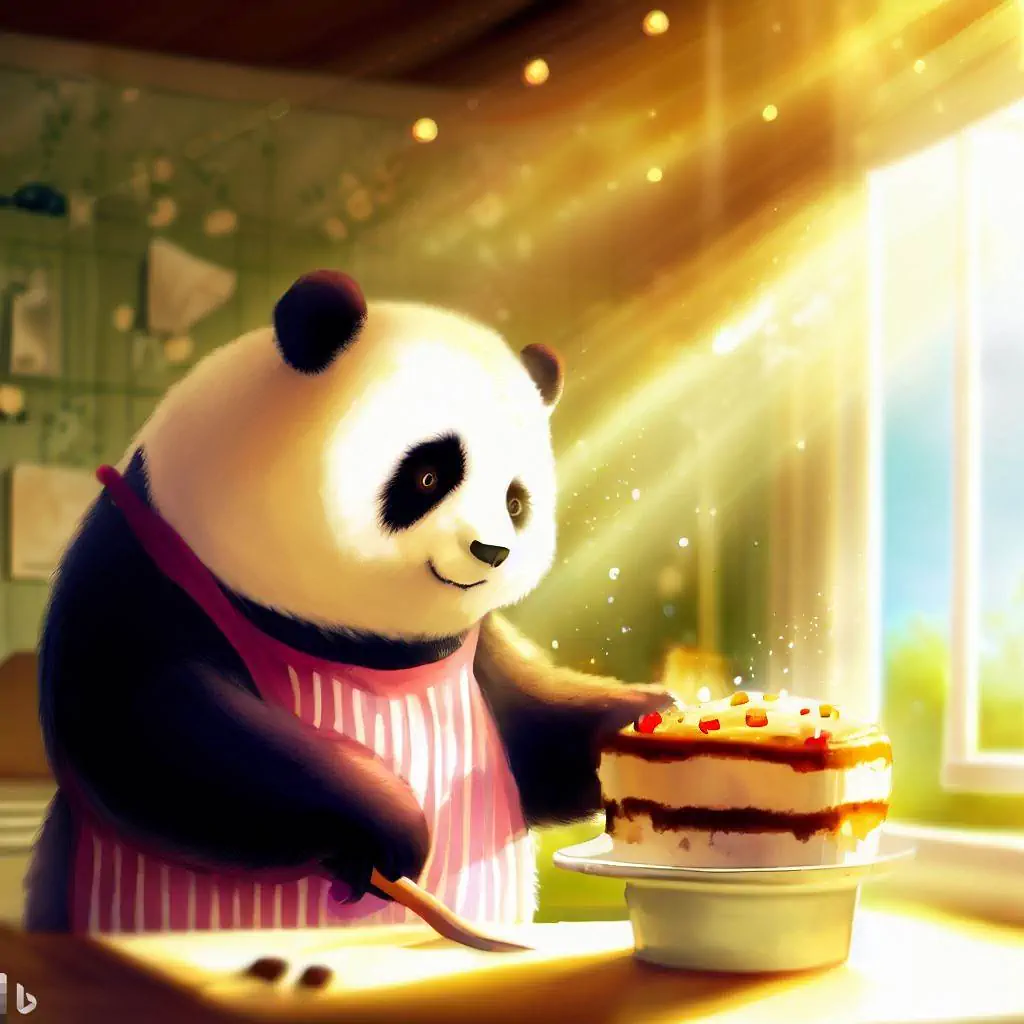 a panda bear baking a cake in a sunny kitchen, digital art