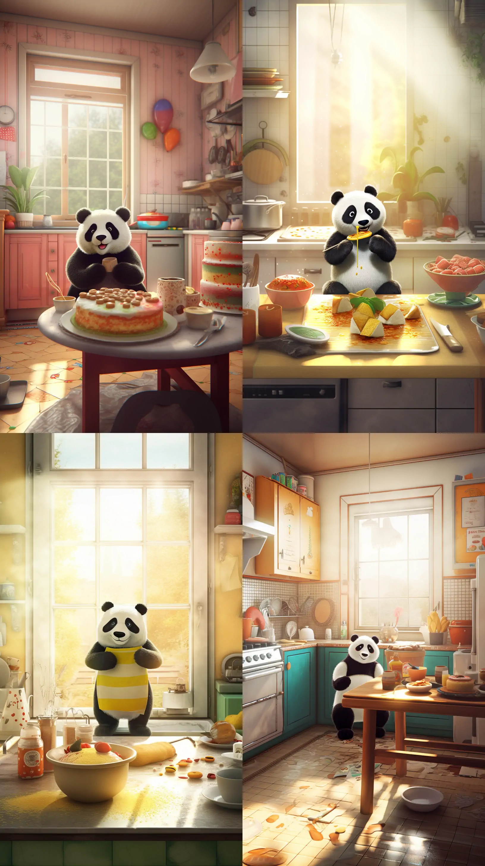 a panda bear baking a cake in a sunny kitchen, digital art