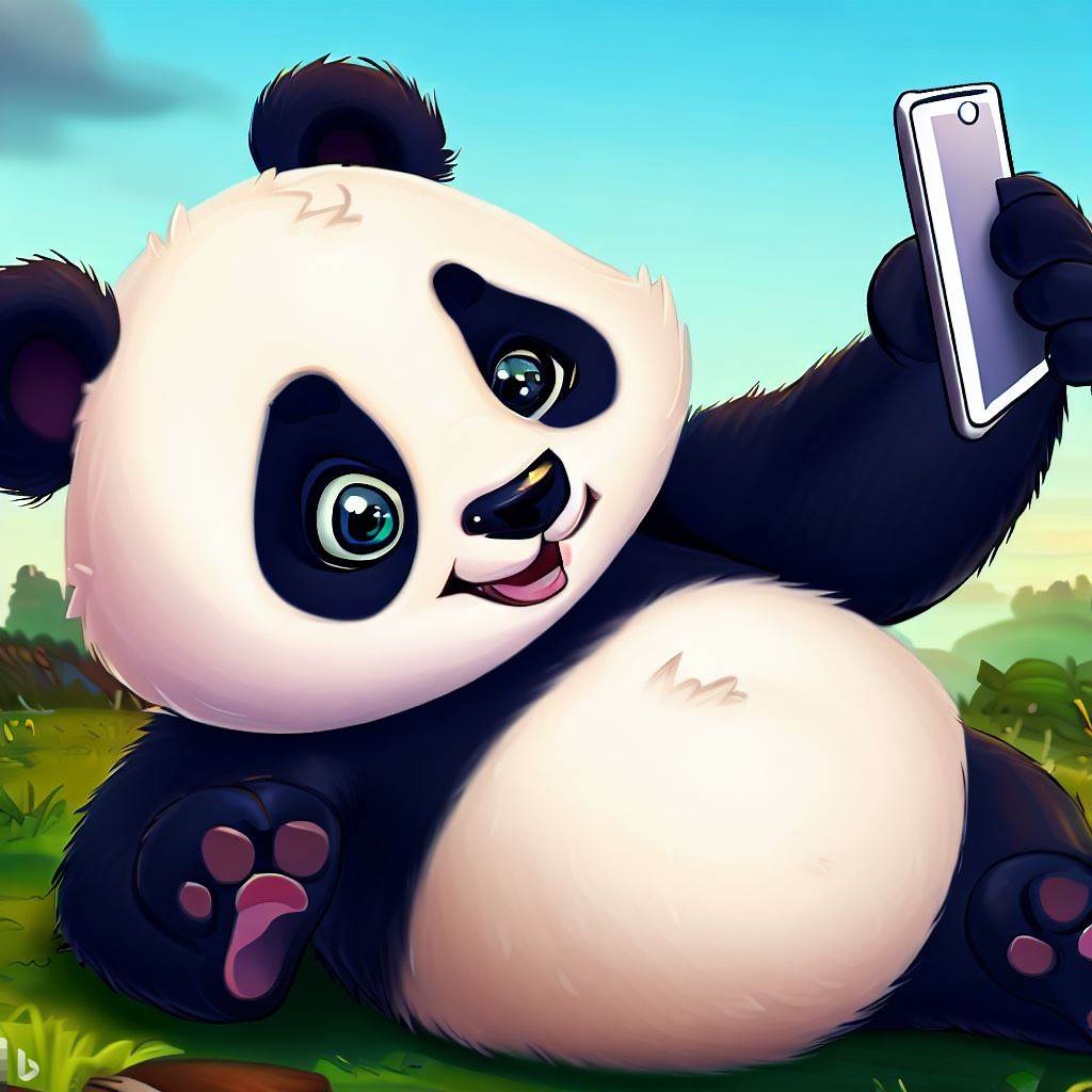 A cute cartoon panda is taking a selfie