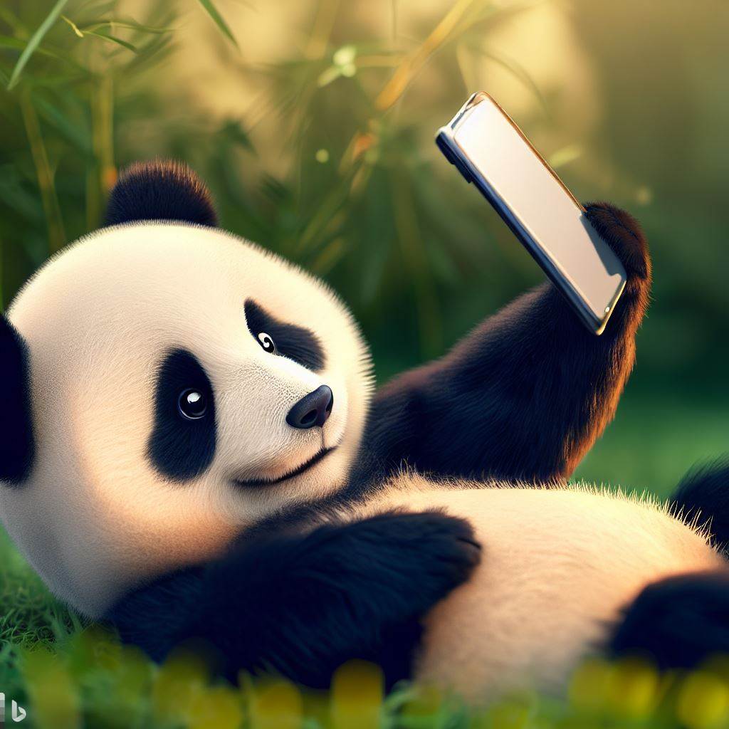 A panda is lying on the lawn and taking a selfie