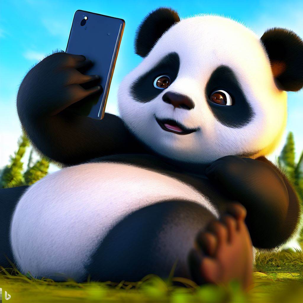 3d rendering of a cute panda taking a selfie