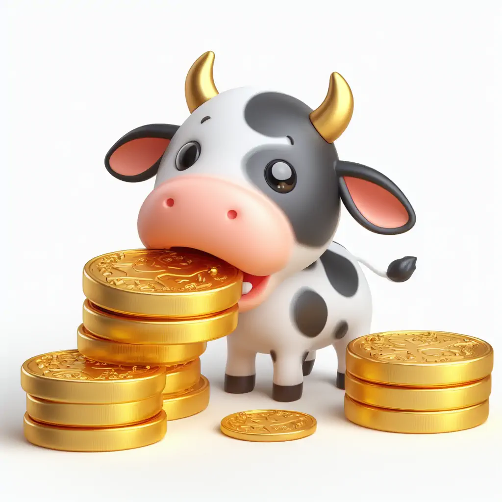 Cute cow chewing gold coins. White background, 3d rendering.