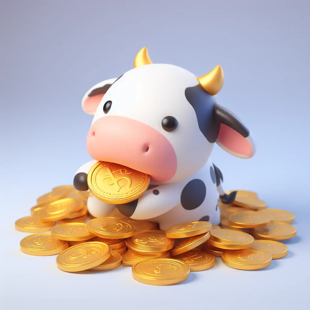 Cute cow chewing gold coins.3d rendering.