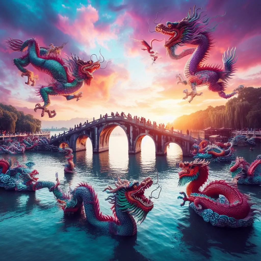 Purple sunset glow, Chinese dragon flying over the broken bridge of West Lake