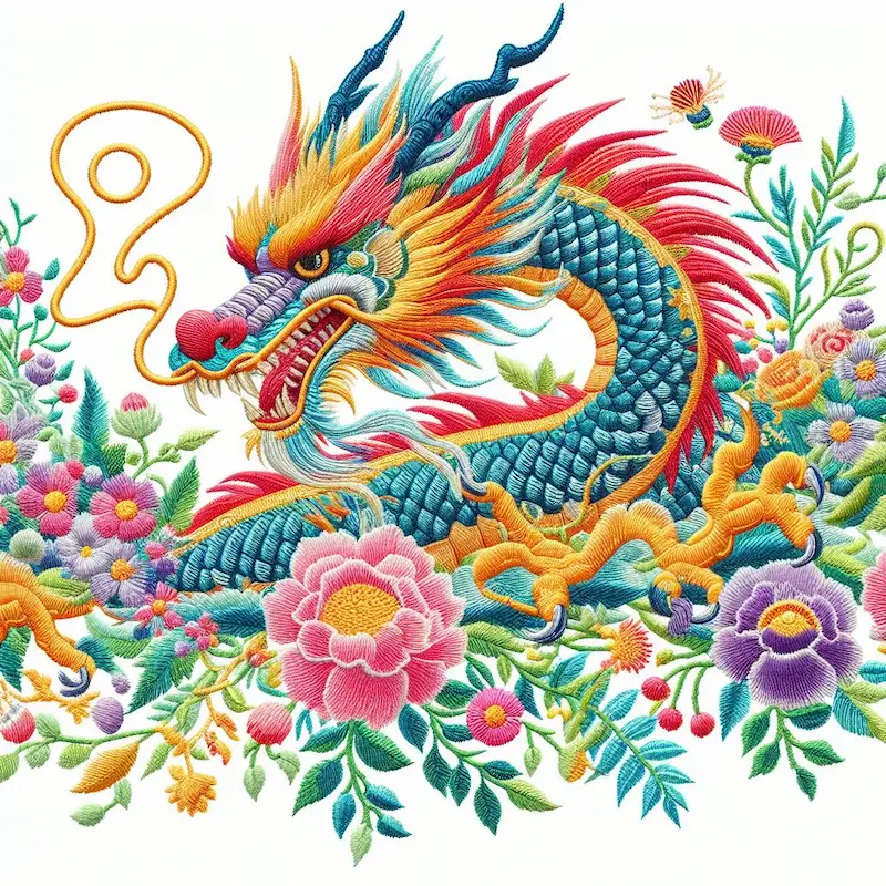 White silk Chinese dragon embroidery blooming (China loong)